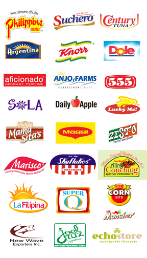 Dried mango, century tuna, suchero, argentina, knorr, dole pineapples, aficionado, anjo farms, 555, sola, daily apple, lucky me, mama sitas, maggi, zesto, marisco, aling conching, skyflakes, corn bits la filipina, super Q, echostore